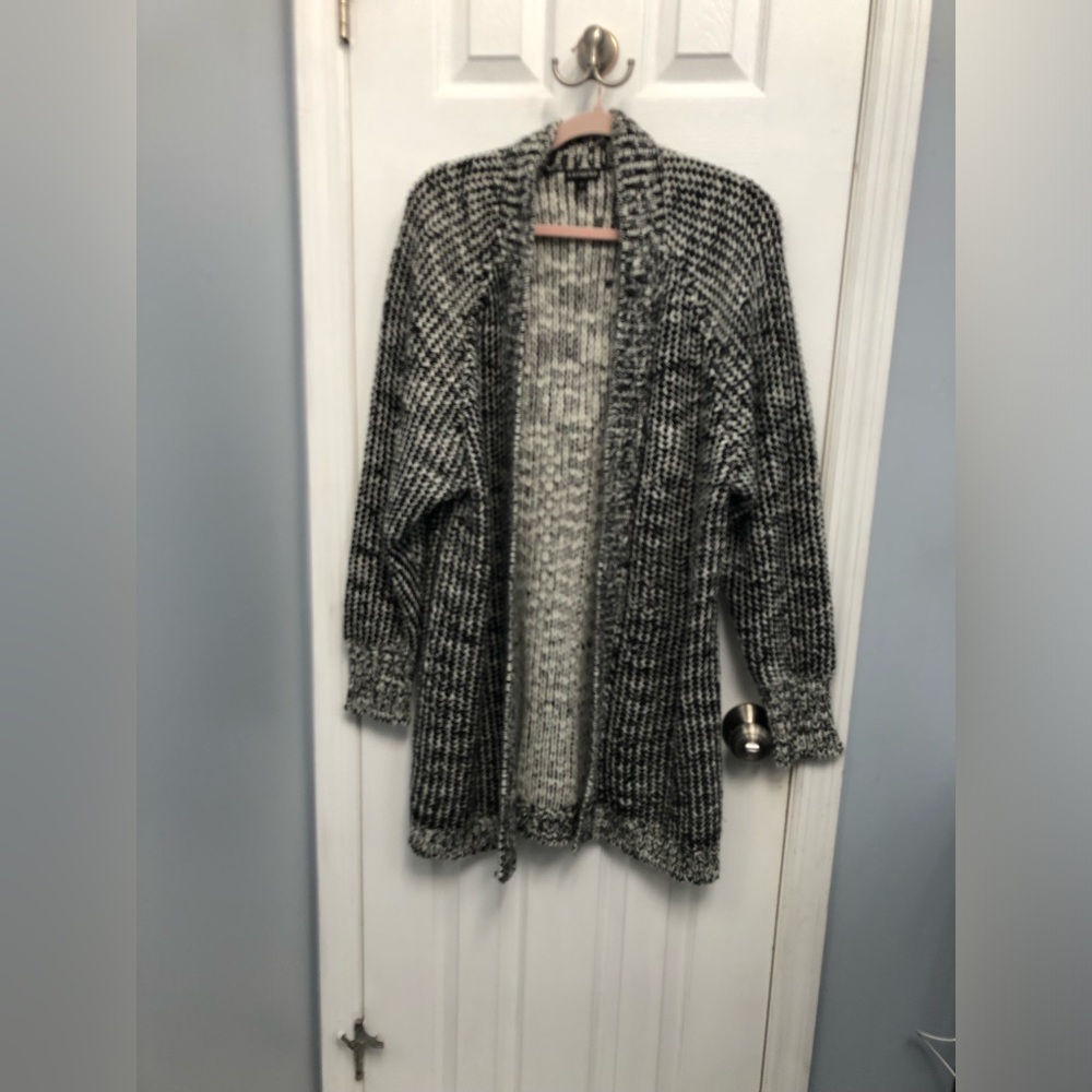 Express Black White Marled Open-Front Chunky knit Cardigan Wool Alpaca Long